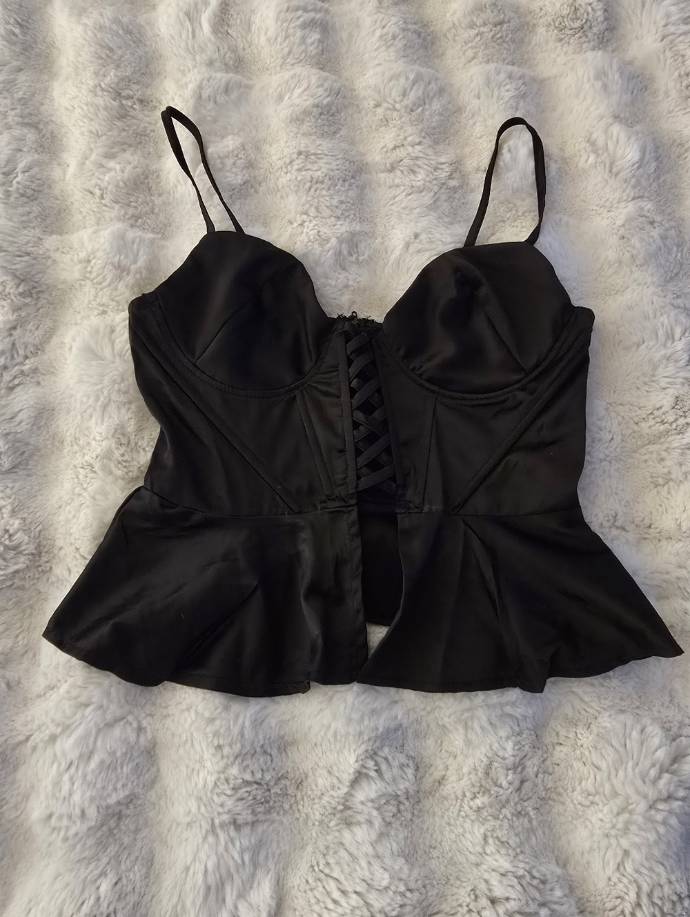 Windsor Black Satin Lace-Up Peplum Bustier Top